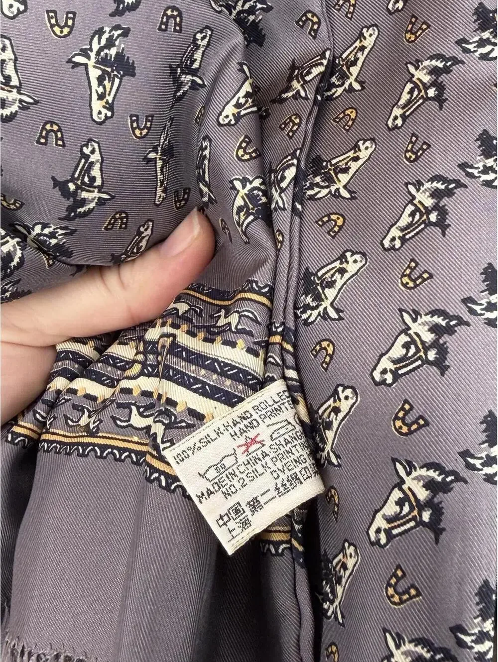Golden Camel Silk Scarf with Horse Print & Fringe